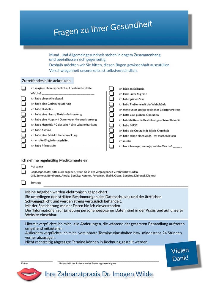 Anamnesebogen Seite 2 Aufnahmebogen Seite 2
