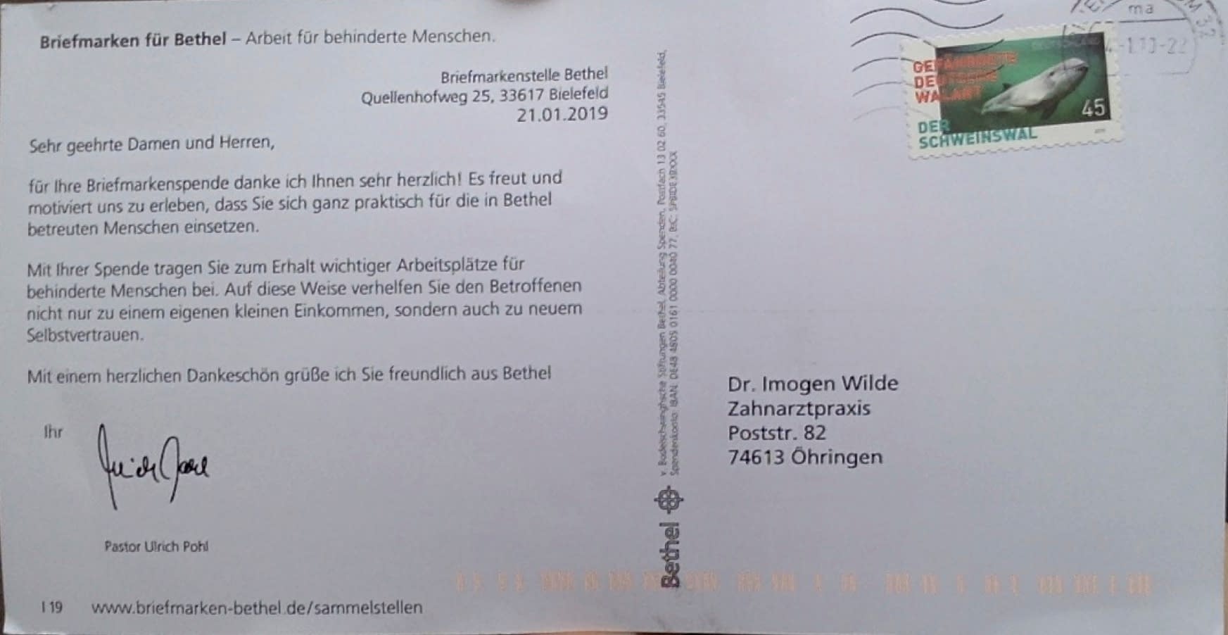Bethel Dankeschön von der Birefmarkenstelle Bethel