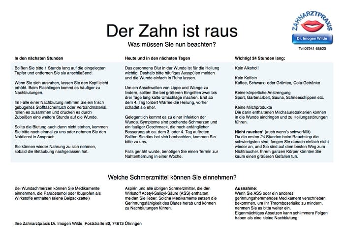 Merkblatt nach X Merkblatt nach Zahnentfernung