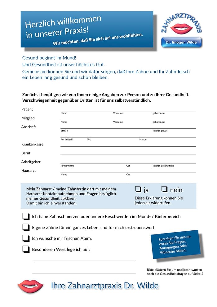 Anamnesebogen Seite 1 Aufnahmebogen Seite 1